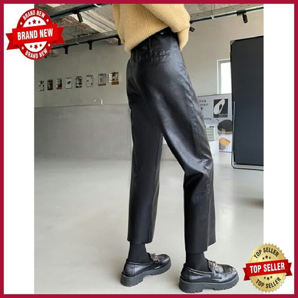 Faux Leather Pants High Waist Straight Leg Ankle Cropped Vegan Pleather - Picture 4 of 7